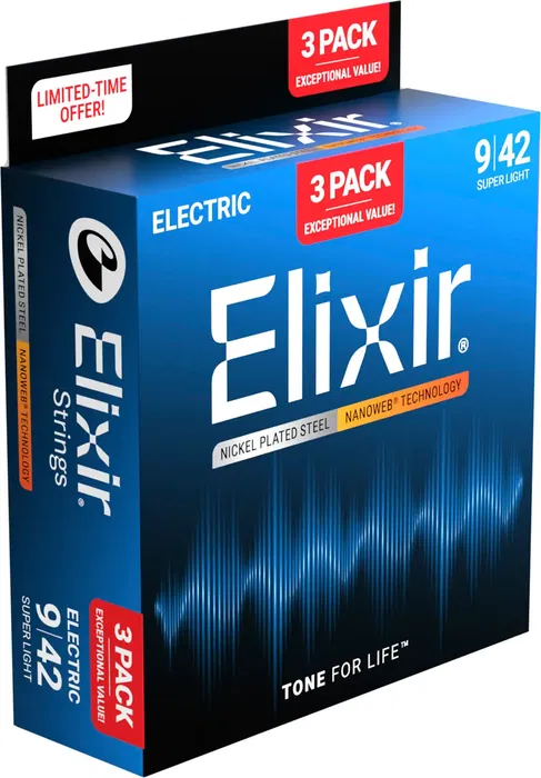 Elixir Pack 3 Cuerdas Guitarra Eléctrica Nanoweb Nickel Plated Steel Super Light 9-42