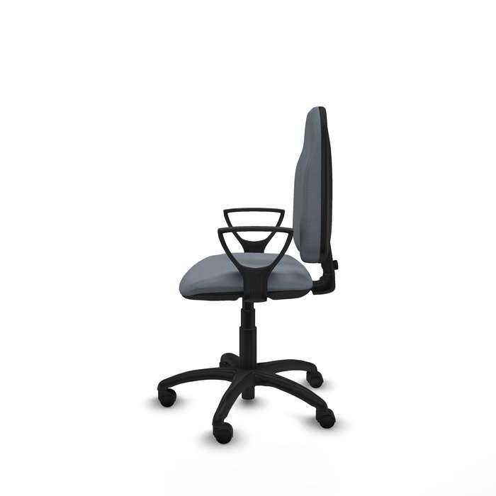 Silla de oficina Algarra con mecanismo Contacto permanente básico tapizada con Tela color Gris. Equipada con Base poliamida negra, Brazos fijos y Ruedas de nailon 50 mm