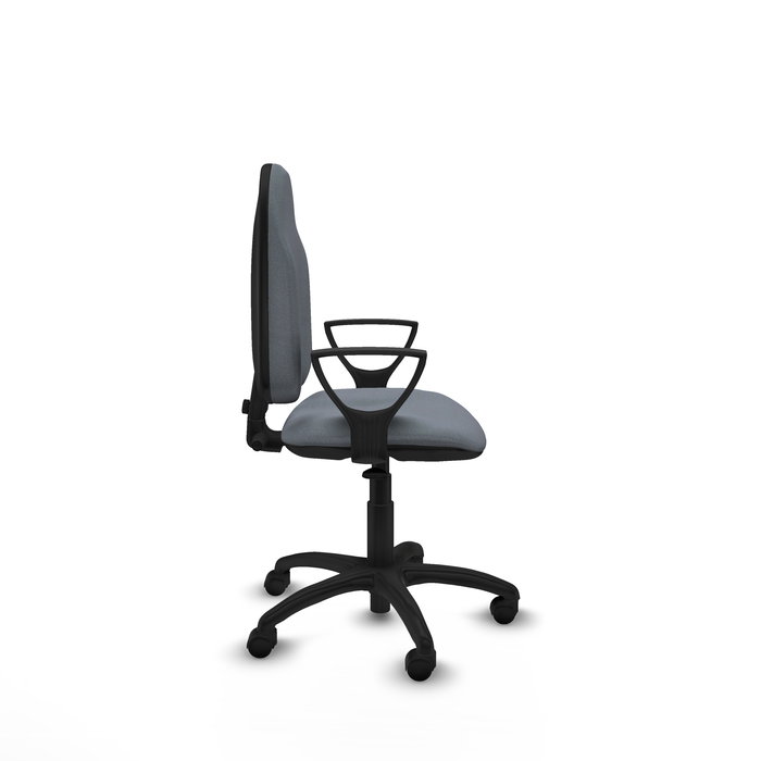 Silla de oficina Algarra con mecanismo Contacto permanente básico tapizada con Tela color Gris. Equipada con Base poliamida negra, Brazos fijos y Ruedas de nailon 50 mm