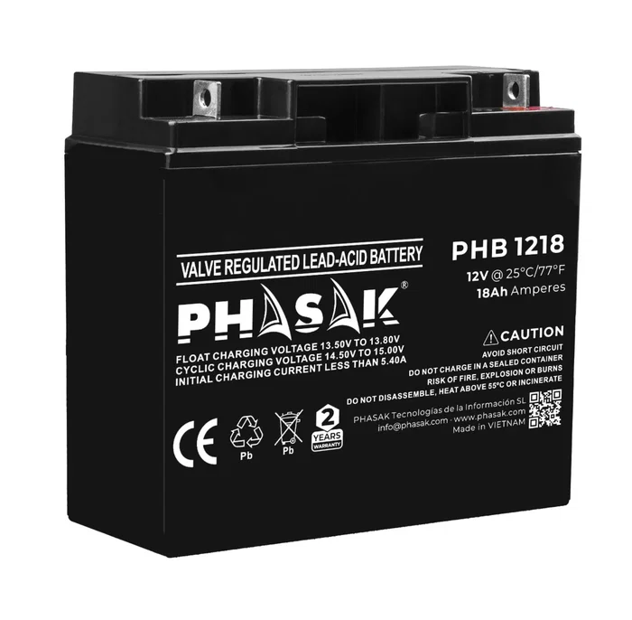 Phasak PHB 1218 Batería de 12V 18Ah VRLA (Plomo-Ácido Sellada) para SAI/UPS - Compatible con sistemas de alimentación ininterrumpida, seguridad y telecomunicaciones