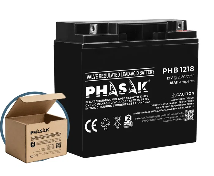 Phasak PHB 1218 Batería de 12V 18Ah VRLA (Plomo-Ácido Sellada) para SAI/UPS - Compatible con sistemas de alimentación ininterrumpida, seguridad y telecomunicaciones