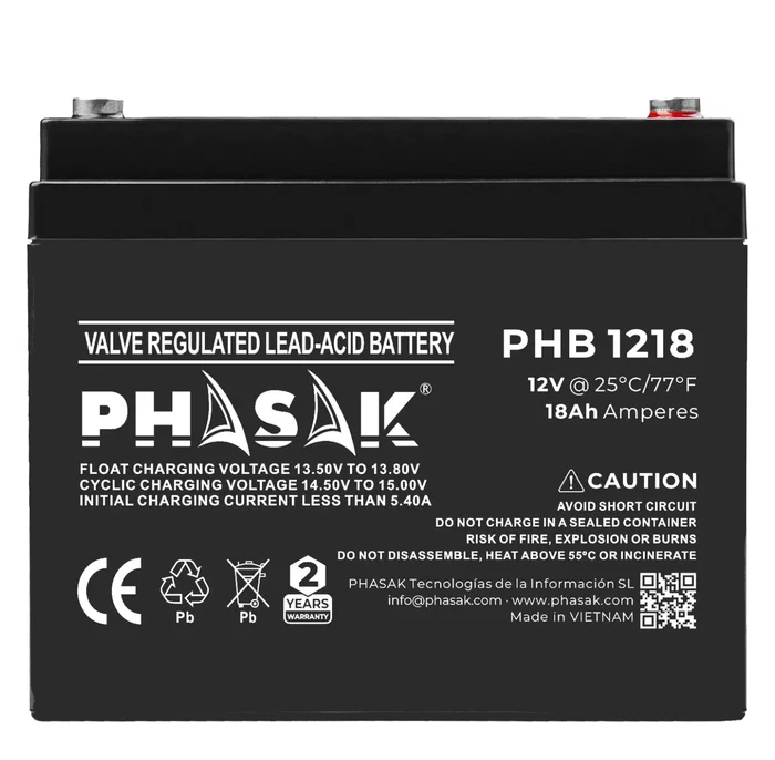 Phasak PHB 1218 Batería de 12V 18Ah VRLA (Plomo-Ácido Sellada) para SAI/UPS - Compatible con sistemas de alimentación ininterrumpida, seguridad y telecomunicaciones