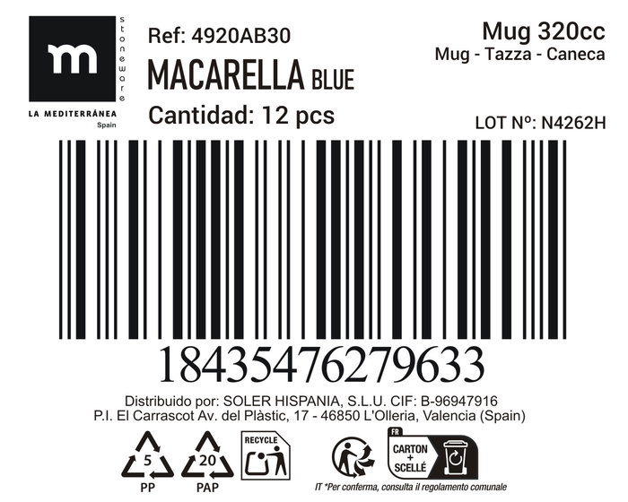 La Mediterranea Mug Macarella Blue 320ml 8x10.5 cm (36 Unidades)