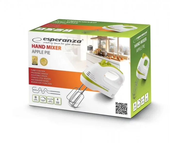 ESPERANZA Batidora de Mano EKM011 Apple Pie 400W, Verde Claro y Blanco, Cuchillas de Acero Inoxidable, Turbo y Rotación Planetaria