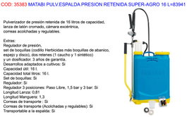 MATABI Super-Agro Pulverizador de Presión Retenida 16L con Regadera