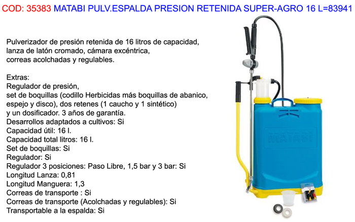 MATABI Super-Agro Pulverizador de Presión Retenida 16L con Regadera MATABI Super-Agro Pulverizador de Presión Retenida 16L con Regadera