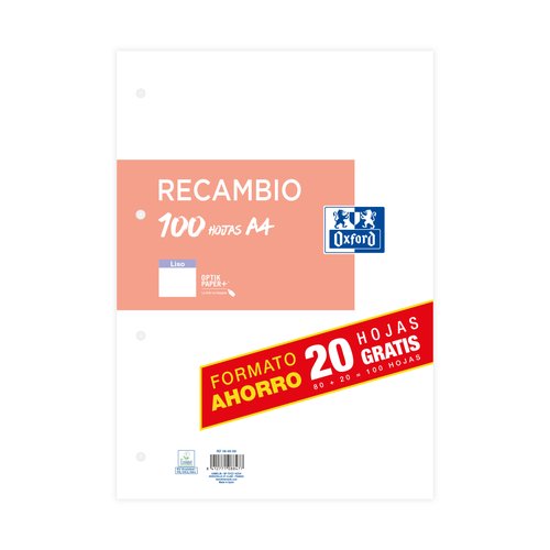 Oxford Recambio Paquete A4 80H + 20H Gratis Liso
