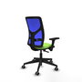 Silla de oficina Motilla con mecanismo Sincro tapizada con Tela color Pistacho y malla color Azul. Equipada con lumbar 1D, Brazos 3D y Ruedas 65 mm parqué
