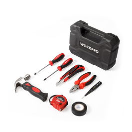Workpro Kit de Herramientas 8 Piezas con Maletín: Cutter 18mm, Destornilladores Plano y Phillips, Alicate, Martillo, Cinta Métrica 3m, Cinta Aislante y Comprobador de Corriente