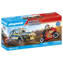 PLAYMOBIL Set Persecución Policial 71875 con Camioneta Pick-Up, Motocicleta y 4 Figuras - Juguete de Construcción para Niños +4 Años