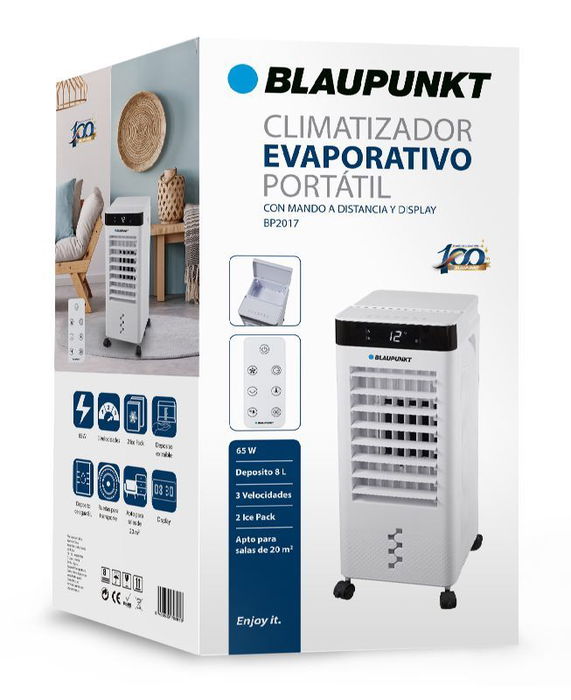 BLAUPUNKT Climatizador Evaporativo Portátil 8L 65W 3 Velocidades para hasta 20 m² con Mando a Distancia y Display