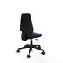Silla de oficina Elche con mecanismo Contacto permanente básico tapizada con Similpiel color Azul marino. Equipada con Base piramidal negra, Sin brazos y Ruedas 65mm nailon