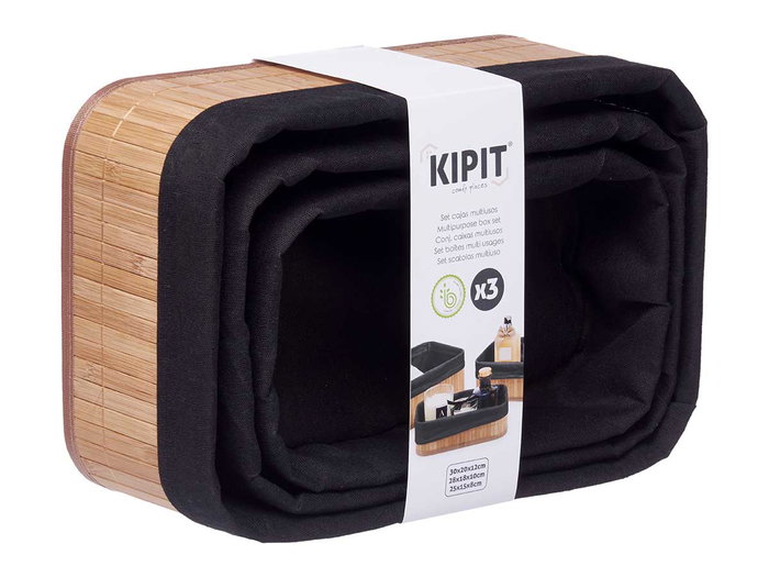 Kipit Set 3 Organizadores Bambú y Tela Negra Rectangular 31x12x21cm (Set de 4)