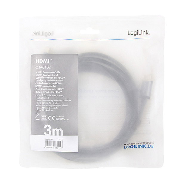 LogiLink Cable HDMI 4K/60 Hz, 3 m, Negro/Gris, A/M a A/M de Aluminio LogiLink Cable HDMI 4K/60 Hz, 3 m, Negro/Gris, A/M a A/M de Aluminio