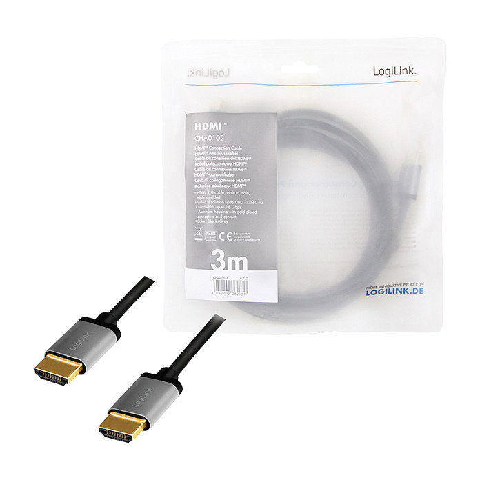 LogiLink Cable HDMI 4K/60 Hz, 3 m, Negro/Gris, A/M a A/M de Aluminio LogiLink Cable HDMI 4K/60 Hz, 3 m, Negro/Gris, A/M a A/M de Aluminio