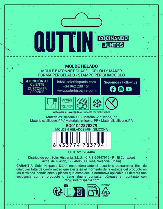 Quttin Molde para 4 Helados Mini de Silicona 21.5x12x2 cm (24 Unidades)