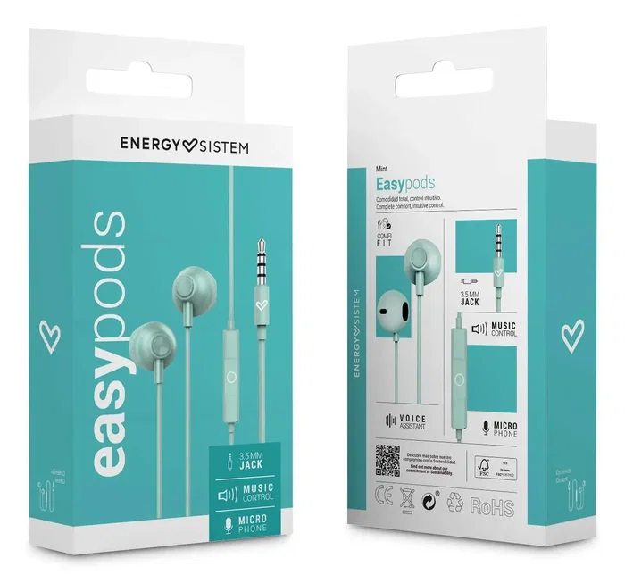 Energy Sistem EasyPods Auriculares Intraurales Con Cable con Micrófono y Asistente de Voz para Música y Llamadas, Color Menta