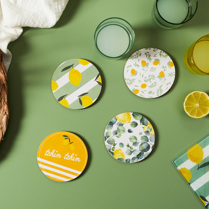 Home Deco Factory Juego 4 Posavasos Limon Madera MDF Diametro 10 cm Coleccion Bain De Soleil