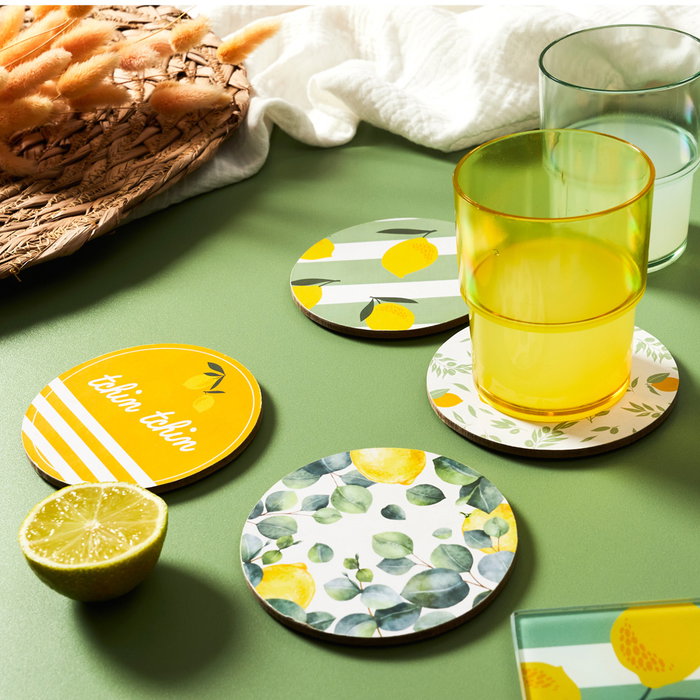 Home Deco Factory Juego 4 Posavasos Limon Madera MDF Diametro 10 cm Coleccion Bain De Soleil
