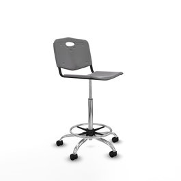 Taburete Robledo con mecanismo Giratorio de PVC color Gris claro. Equipado con Base cromada, Sin brazos y Ruedas de nailon 50 mm