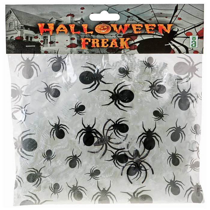 Atosa Telaraña Blanca Brillante en la Oscuridad con Arañas Negras para Decoración de Halloween (20 gr)