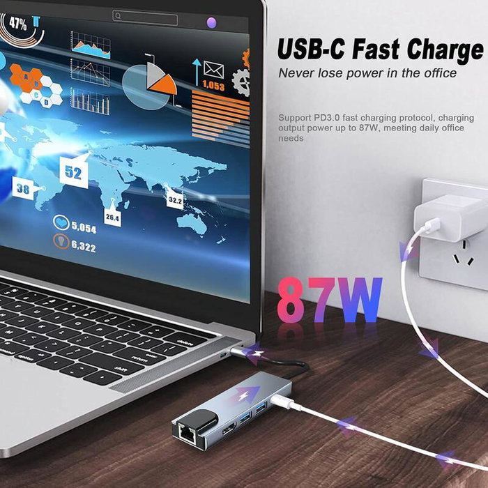 Globbaltec Adaptador USB-C para portátil con 2 x USB 3.0, 1 x USB-C PD 100W, 1 x HDMI 4K y 1 x LAN RJ45 Globbaltec Adaptador USB-C para portátil con 2 x USB 3.0, 1 x USB-C PD 100W, 1 x HDMI 4K y 1 x LAN RJ45