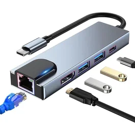 Globbaltec Adaptador USB-C para portátil con 2 x USB 3.0, 1 x USB-C PD 100W, 1 x HDMI 4K y 1 x LAN RJ45