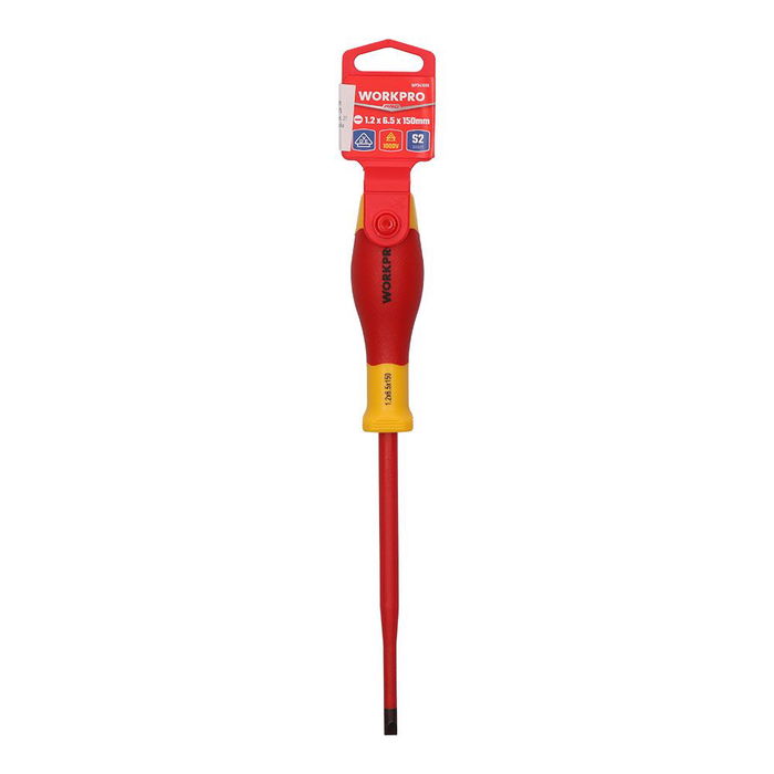 Workpro Destornillador Plano Aislado VDE 150mm, Punta 6.5mm, Acero Cr-V-Mo S2, Homologado 1000V AC / 10000V Prueba - Rojo/Amarillo