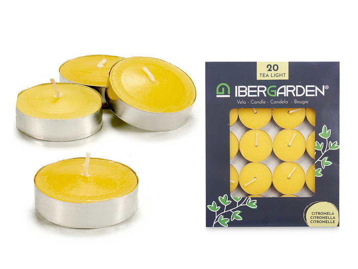 Ibergarden Set de 20 Velas Tea Light Citronela, 15 x 19 x 1.5 cm, Cera, Amarillo, Repelente de Insectos (Set de 48)