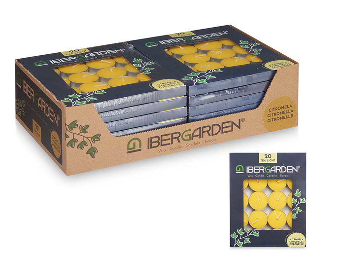 Ibergarden Set de 20 Velas Tea Light Citronela, 15 x 19 x 1.5 cm, Cera, Amarillo, Repelente de Insectos (Set de 48)