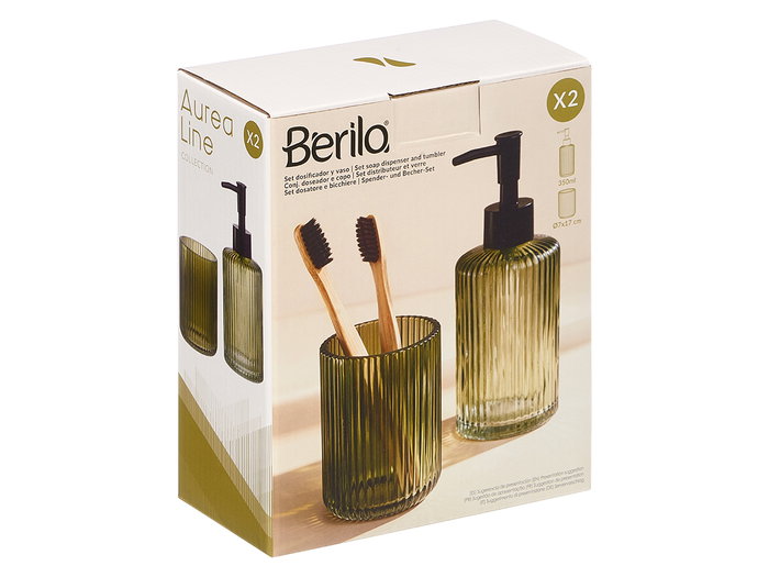 Berilo Set de 2 Dosificadores para Baño, Vaso 350 ml Verde a Rayas, Dimensiones 15x18.5x7.5 cm (Set de 12) Berilo Set de 2 Dosificadores para Baño, Vaso 350 ml Verde a Rayas, Dimensiones 15x18.5x7.5 cm (Set de 12)