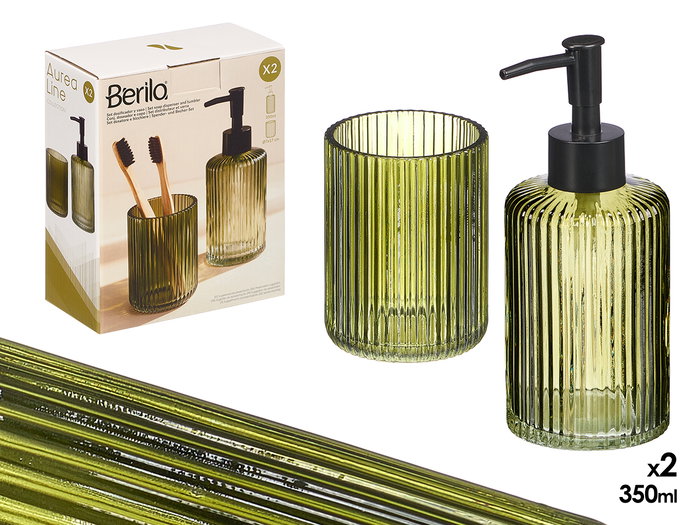 Berilo Set de 2 Dosificadores para Baño, Vaso 350 ml Verde a Rayas, Dimensiones 15x18.5x7.5 cm (Set de 12) Berilo Set de 2 Dosificadores para Baño, Vaso 350 ml Verde a Rayas, Dimensiones 15x18.5x7.5 cm (Set de 12)