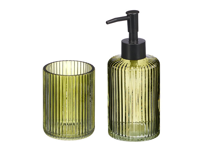Berilo Set de 2 Dosificadores para Baño, Vaso 350 ml Verde a Rayas, Dimensiones 15x18.5x7.5 cm (Set de 12) Berilo Set de 2 Dosificadores para Baño, Vaso 350 ml Verde a Rayas, Dimensiones 15x18.5x7.5 cm (Set de 12)