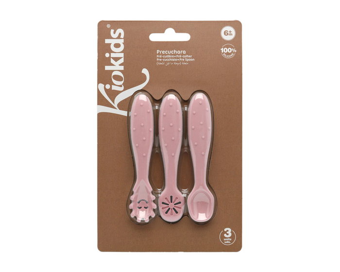 KioKids Set de 3 Cubiertos de Silicona Rosa para Bebé Lovely Friends, Pre-Cuchara, Cuchara y Pre-Tenedor, +6 Meses, 11 cm