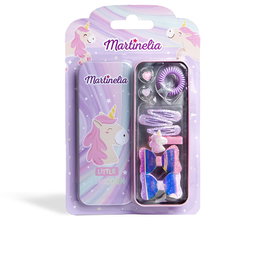 MARTINELIA UNICORN TIN ESTUCHE - Estuche metálico con diseño unicornio, incluye 10 piezas: 2 lazos, 3 pinzas, coletero, anillos y más - Colección Little Unicorn, regalo perfecto