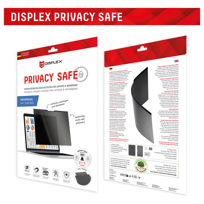 Displex DISPLEX Privacy Safe Protector Pantalla Universal Magnético 14" 16:10 Antireflejos - Filtro Privacidad y Luz Azul 5H 02053