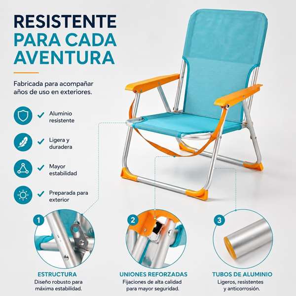 JugaToys Silla de playa aluminio fija aguamarina con asas