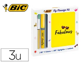 Bic Set Escritura My Message Kit: Bolígrafo 4 Colores Shine, Highlighter Grip Pastel y Libreta A6