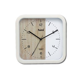 SAMI Reloj de Pared Cuadrado Blanco, Esfera de Madera y Blanco