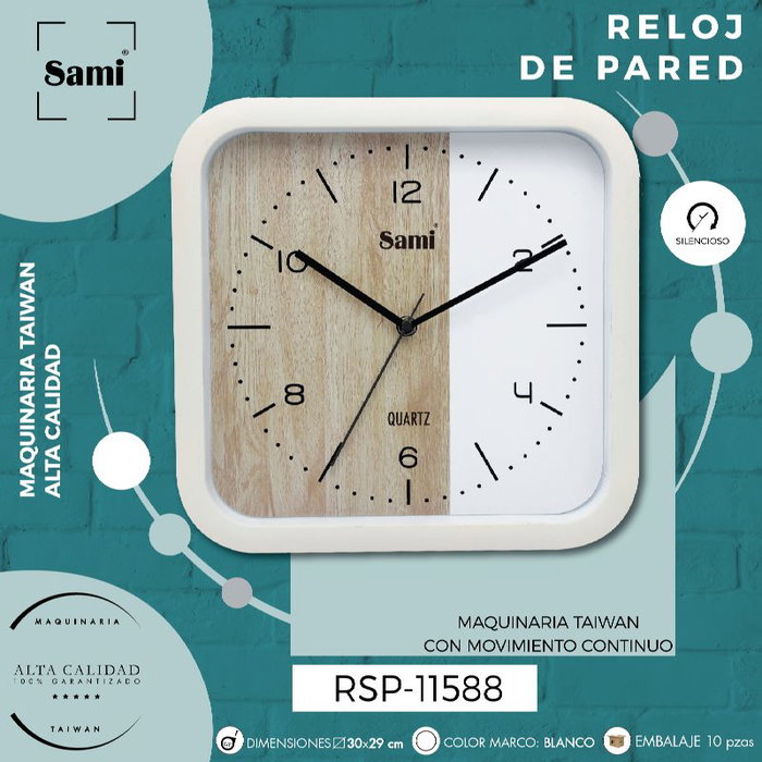 SAMI Reloj de Pared Cuadrado Blanco, Esfera de Madera y Blanco