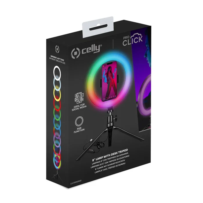 Celly Anillo de Luz LED RGB CLICKRINGRGBBK con Soporte Flexible para Smartphone y Trípode, Control Remoto, 3 Niveles de Luz, USB