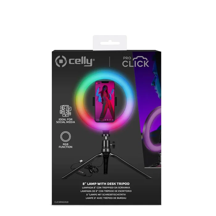 Celly Anillo de Luz LED RGB CLICKRINGRGBBK con Soporte Flexible para Smartphone y Trípode, Control Remoto, 3 Niveles de Luz, USB