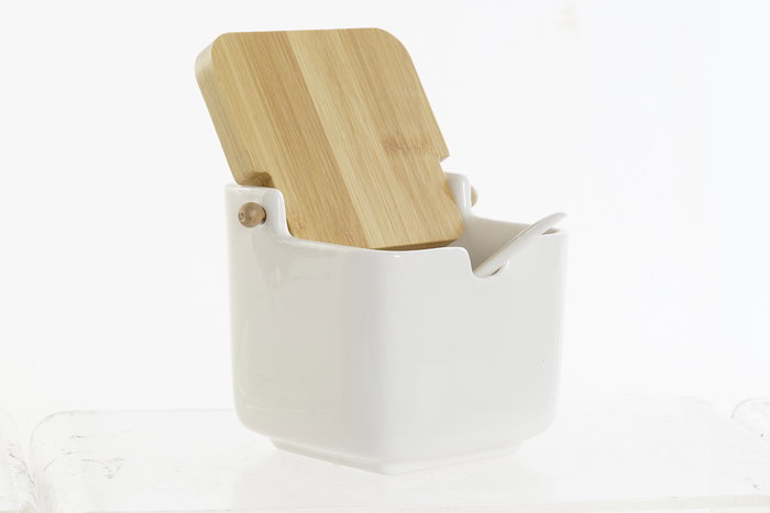 DKD Home Decor Azucarero Cassic porcelain Blanco Natural Porcelana Bambu 11.5 x 9 x 10.5 cm (4 Unidades)