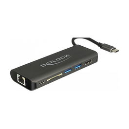 DeLOCK Dock USB-C a HDMI 4K 30 Hz Adapter - Lector de tarjeta SD, LAN Gigabit, 2x USB 3.0, Carga PD