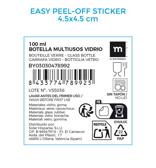 La Mediterran Botella Multiusos Rectangular de Vidrio 100 ml 3.5 x 6.1 x 13.4 cm (24 Unidades) La Mediterran Botella Multiusos Rectangular de Vidrio 100 ml 3.5 x 6.1 x 13.4 cm (24 Unidades)