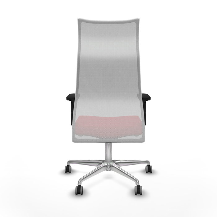 Sillón Albacete con mecanismo Sincro tapizada con Similpiel color Rojo y malla color Blanco. Equipado con Base aluminio, Brazos 2D y Ruedas 65 mm parqué