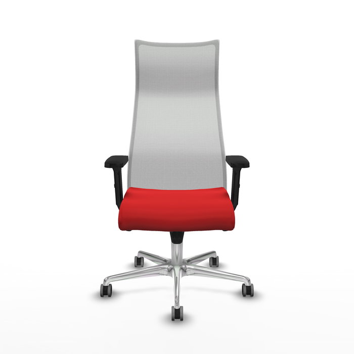 Sillón Albacete con mecanismo Sincro tapizada con Similpiel color Rojo y malla color Blanco. Equipado con Base aluminio, Brazos 2D y Ruedas 65 mm parqué