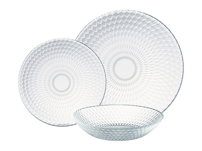 Vivalto Vajilla de 12 Piezas de Vidrio con Diseño Rombos Transparente, Plato 26x26 cm, Apto para Lavavajillas (No Microondas) (Set de 2)