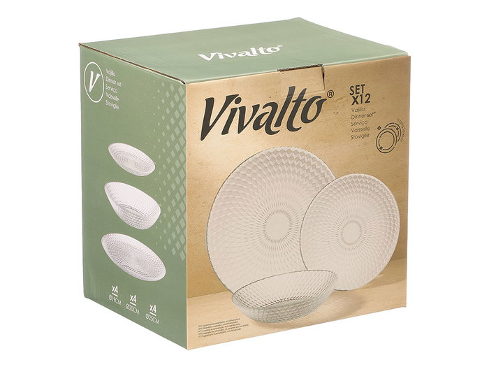 Vivalto Vajilla de 12 Piezas de Vidrio con Diseño Rombos Transparente, Plato 26x26 cm, Apto para Lavavajillas (No Microondas) (Set de 2)