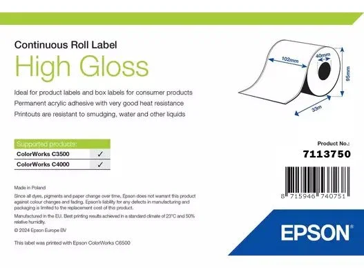 Epson Rollo de Etiquetas Autoadhesivas High Gloss para Impresora de Inyección de Tinta - Etiqueta Troquelada, Acrílico, Permanente, 12 cm x 33 m